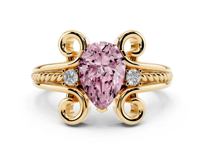 Pear-Shaped Scroll Engagement Ring Setting for a Fancy Pink Lab-Grown Diamond | Yellow Gold