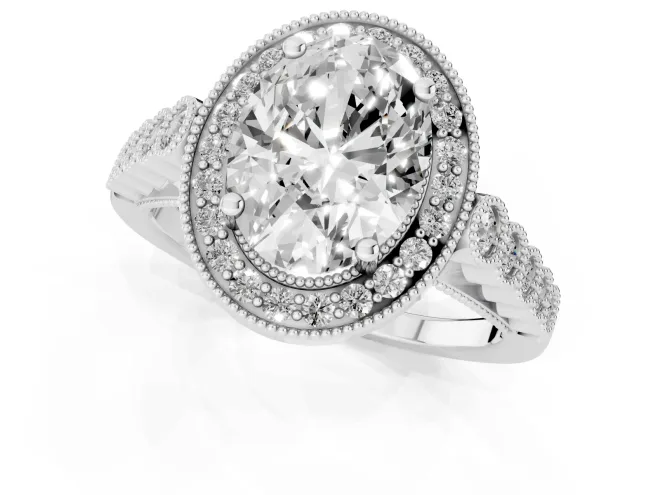 Oval Cut Diamond Milgrain Halo Solitaire Ring Set in Platinum with Bezel Set Side Stones and Pavé Band – second view