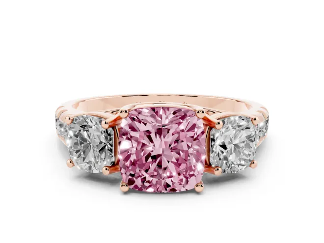 Fancy Pink Cushion Cut Diamond Three-Stone Ring Set in Rose gold with Pavé Band