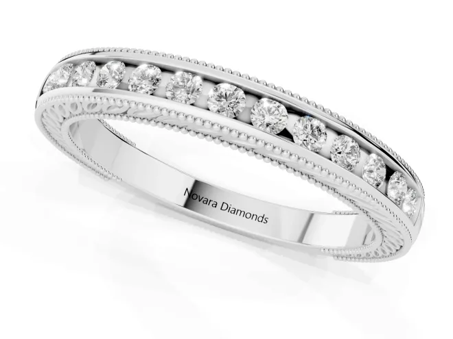 Round Diamond Channel Wedding Band Set in Platinum with Milgrain Edges – second view