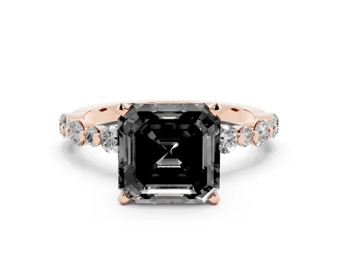 Fancy Black Asscher Cut Diamond Prong Set Engagement Ring Set in Rose gold with Round Accent Pavé Band
