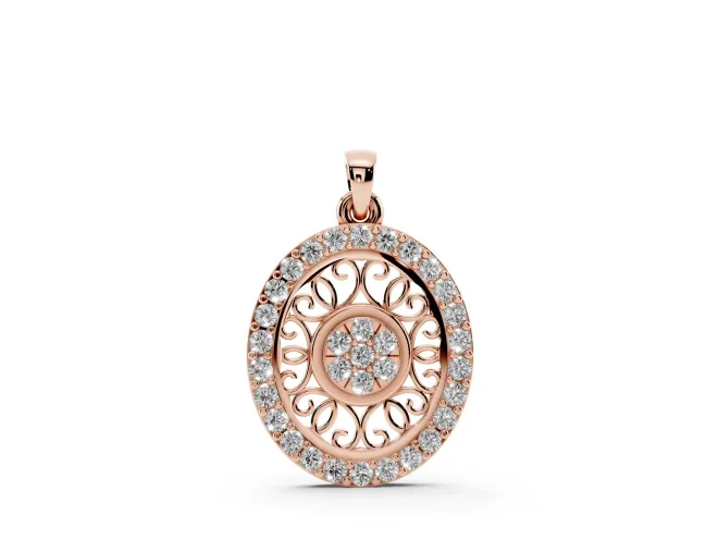 Round Lab-Grown Diamond Oval Filigree Cluster Pendant Necklace | Pavé Edge | Rose Gold
