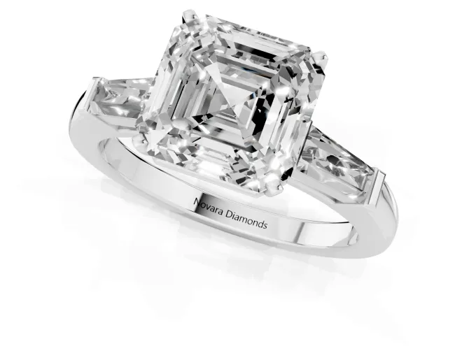 Asscher Cut Diamond Solitaire Ring Set in White gold with Tapered Baguette Side Stones and Prong Setting – second view