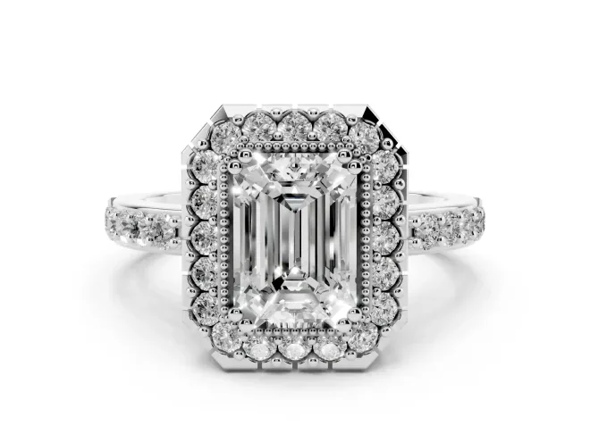 Emerald Cut Vintage Milgrain Halo Engagement Ring Setting | Pierced Gallery | Platinum