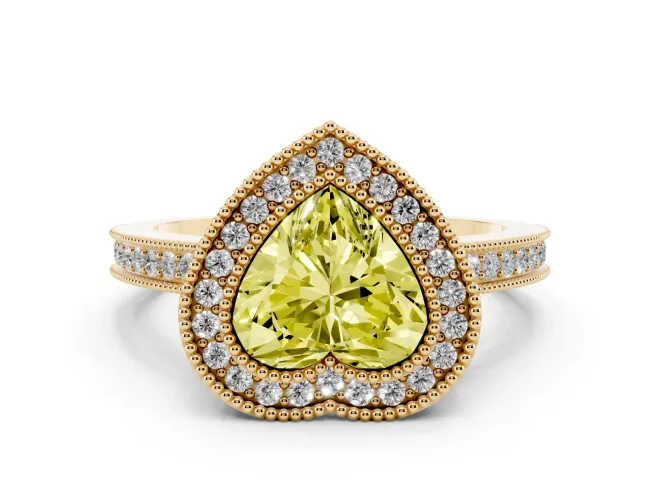 Heart-Shaped Milgrain Halo Engagement Ring Setting for a Fancy Yellow Lab-Grown Diamond | Pavé Band | Yellow Gold