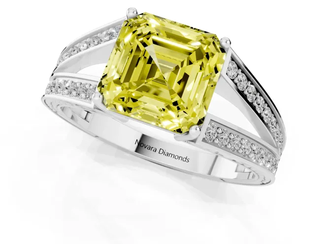 Fancy Yellow Asscher Cut Diamond Split Shank Ring Set in Silver with Pavé Band and Prong Setting – second view