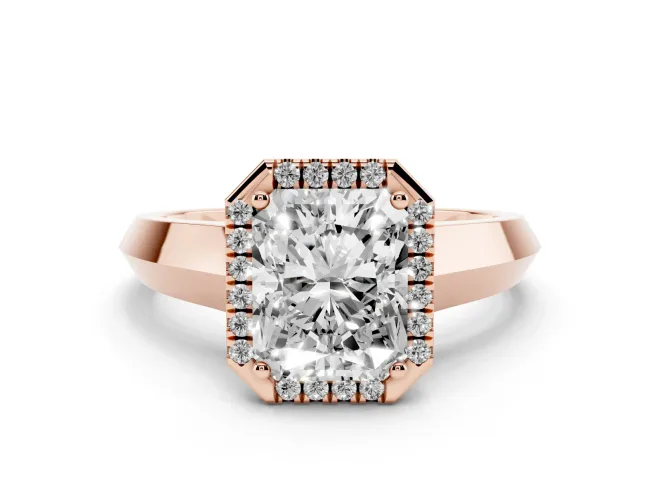 Radiant Cut Diamond Halo Ring Set in Rose gold with Cathedral Band and Prong Setting