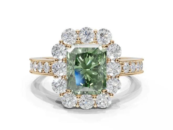 Radiant Cut Halo Engagement Ring Setting for a Fancy Green Lab-Grown Diamond | Yellow Gold - Design NV-24711