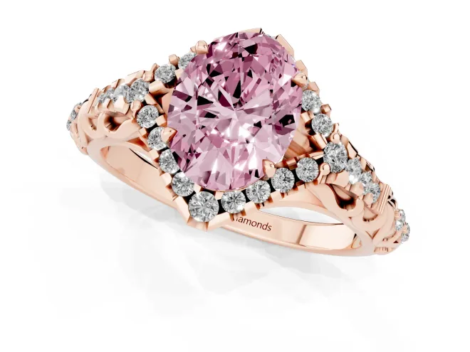 Fancy Pink Oval Cut Diamond Solitaire Ring Set in Rose gold with Hidden Halo and Pavé Band – second view