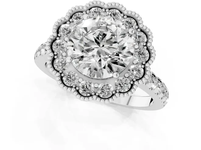 Round Cut Diamond Milgrain Floral Halo Engagement Ring Set in White gold with Pavé Band – second view