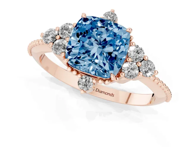 Fancy Blue Cushion Cut Diamond Cluster Ring Set in Rose gold with Beaded Band – second view