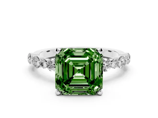 Fancy Green Asscher Cut Diamond Prong Set Engagement Ring Set in Silver with Round Accent Pavé Band