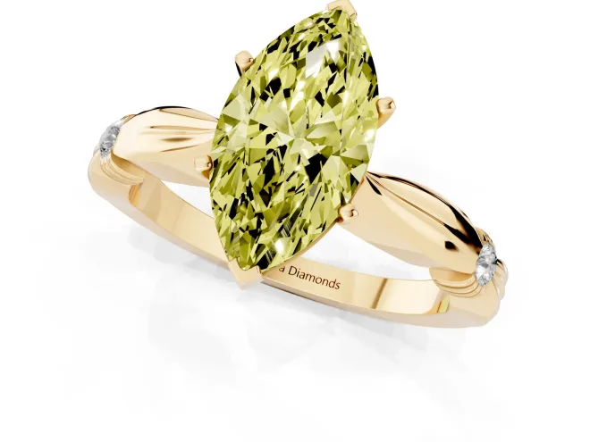 Fancy Yellow Marquise Cut Diamond Solitaire Twisted Band Ring Set in Yellow gold with Accent Stones and Prong Setting – second view