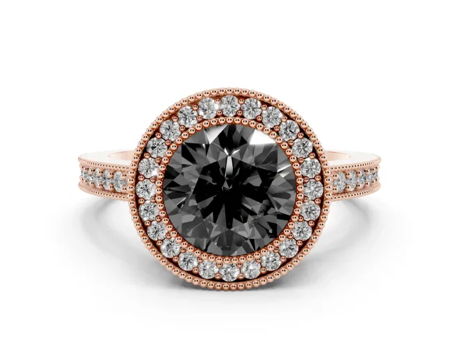 Round Vintage Milgrain Halo Engagement Ring Setting for a Black Center | Pavé Band | Rose Gold