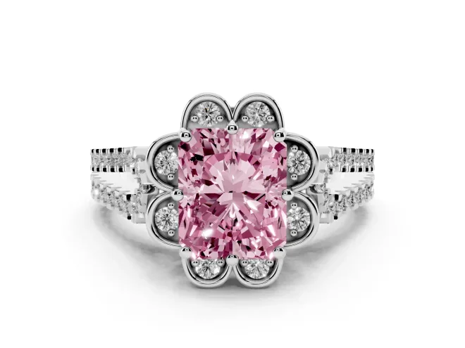 Radiant Cut Floral Halo Engagement Ring Setting for a Fancy Pink Lab-Grown Diamond | Pavé Split Shank | White Gold