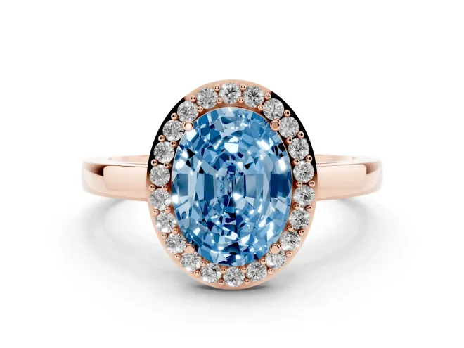 Fancy Blue Oval Cut Diamond Halo Ring Set in Rose gold with Solitaire Band and Prong Setting