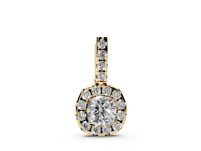 Cushion Cut Lab-Grown Diamond Halo Pendant Necklace | Prong-Set Stone Bail | Yellow Gold