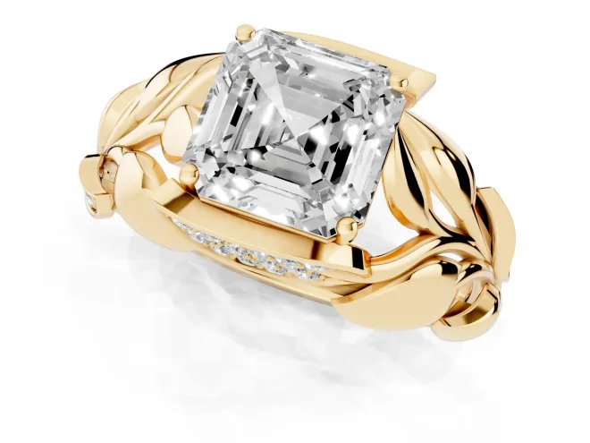 Asscher Cut Diamond Leaf-Inspired Engagement Ring Set in Yellow gold with Round Accents – second view