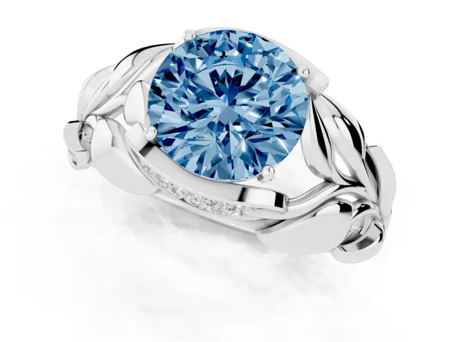 Fancy Blue Round Cut Diamond Leaf-Inspired Engagement Ring Set in White gold with Round Accents – second view