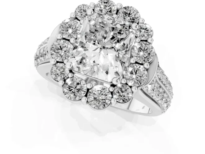 Radiant Cut Diamond Halo Engagement Ring Set in White gold with Split Shank and Prong Setting – second view