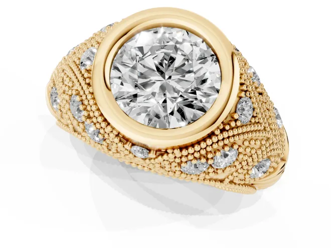Round Cut Diamond Bezel Ring Set in Yellow gold with Milgrain Accent Band – second view