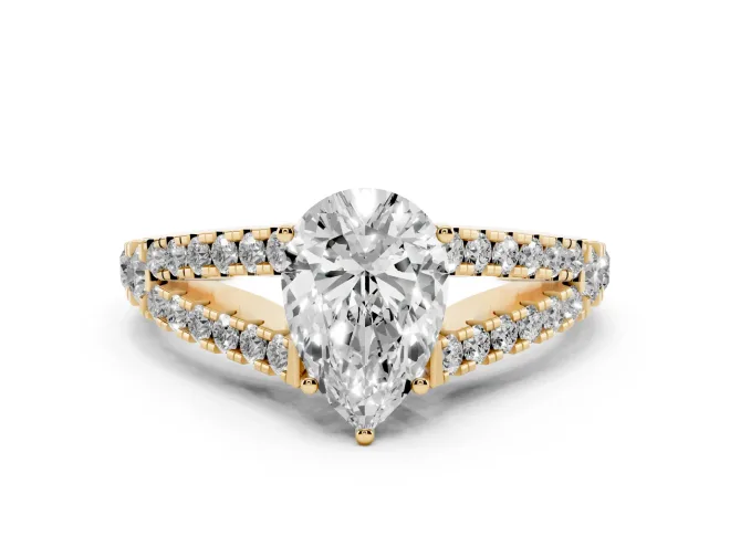 Pear Cut Diamond Split Shank Pavé Engagement Ring Set in Yellow gold with Prong-Held Center Stone