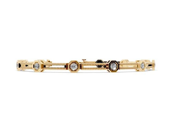 Round Lab-Grown Diamond Octagon Frame Station Bracelet | Double Rope Links | Yellow Gold