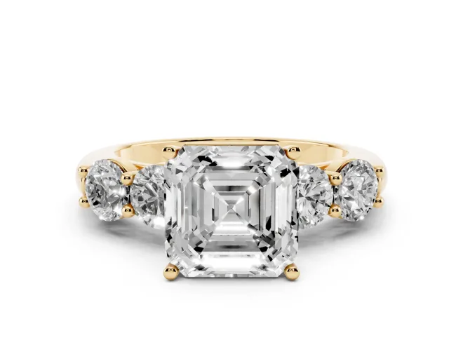 Asscher Cut Diamond Five-Stone Prong Set Ring Set in Yellow gold with Classic Band