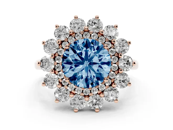 Round Floral Double Halo Engagement Ring Setting for a Fancy Blue Lab-Grown Diamond | Plain Band | Rose Gold