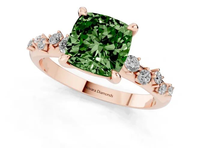 Fancy Green Cushion Cut Diamond Solitaire Vine Band Ring Set in Rose gold with Round Accents and Prong Setting – second view