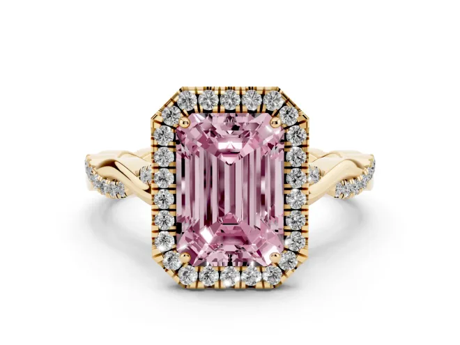 Emerald Cut Twist Halo Engagement Ring Setting for a Fancy Pink Lab-Grown Diamond | Yellow Gold