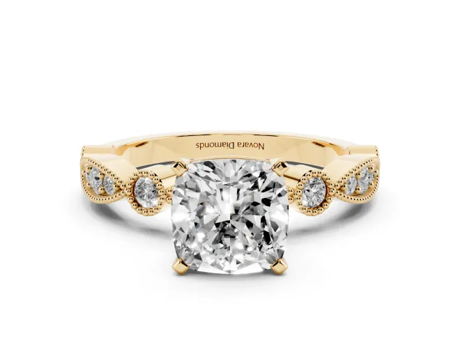 Cushion Cut Vintage Milgrain Solitaire Engagement Ring Setting | Bezel Accents | Yellow Gold