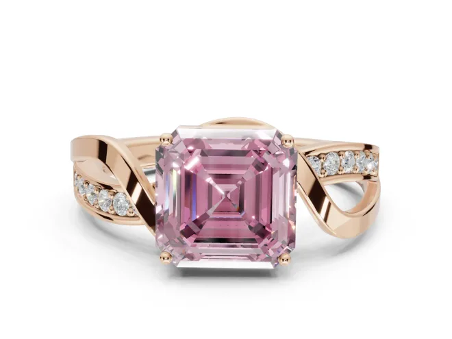 Asscher Cut Bypass Solitaire Engagement Ring Setting for a Fancy Pink Lab-Grown Diamond | Pavé Strands | Rose Gold