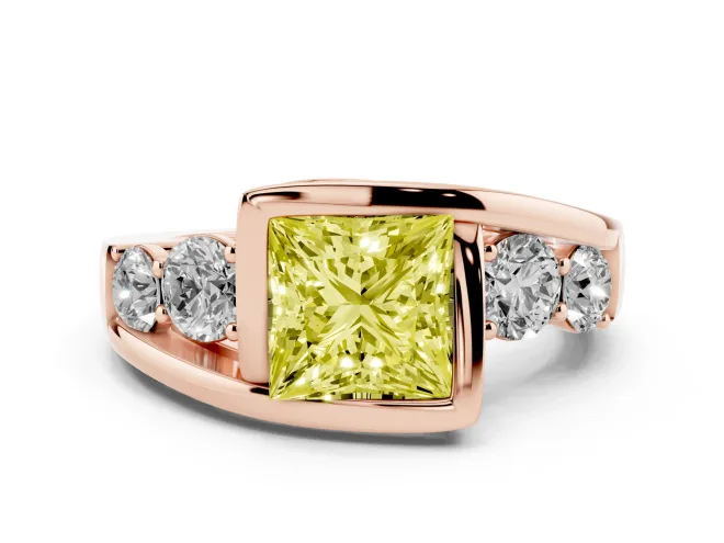 Fancy Yellow Princess Cut Diamond Bezel Bypass Ring Set in Rose gold with Round Accents