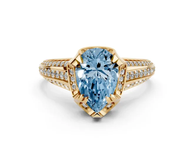 Pear-Shaped Hidden Halo Engagement Ring Setting for a Fancy Blue Lab-Grown Diamond | Triple Row Pavé Band | Yellow Gold