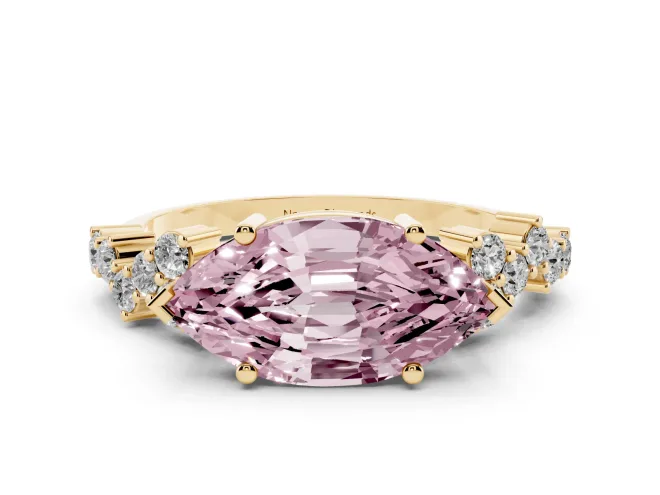 Fancy Pink Marquise Cut Diamond Ring Set in Yellow gold with Scattered Round Accents