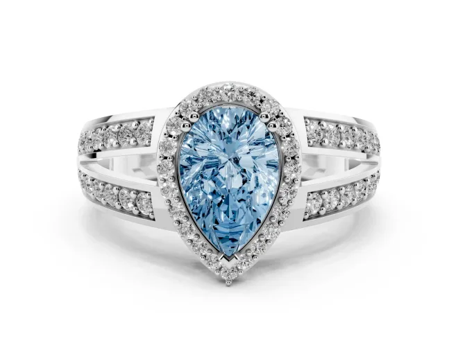 Fancy Blue Pear Cut Diamond Halo Ring Set in Silver with Double Pavé Split Shank