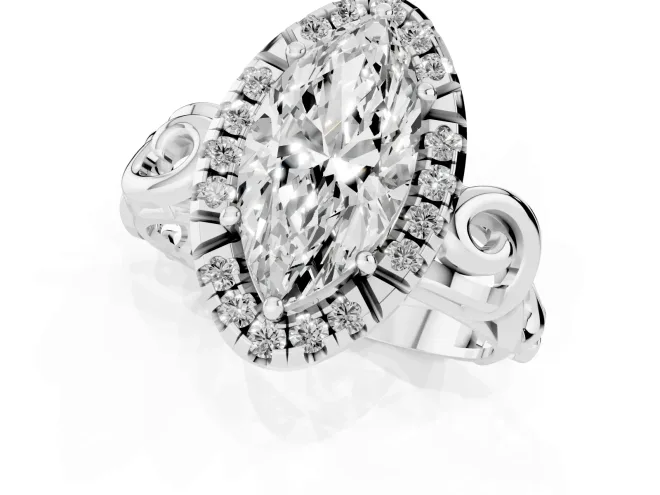 Marquise Cut Diamond Halo Ring Set in Platinum with Scrollwork Band and Prong Setting – second view