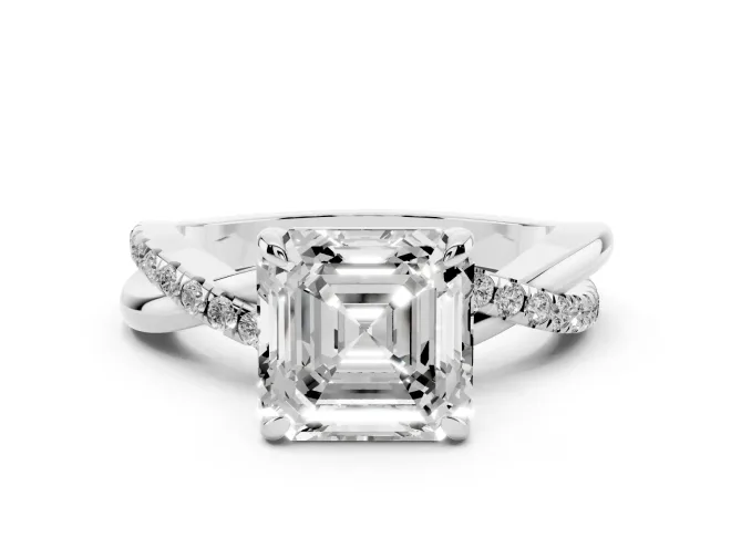 Asscher Cut Diamond Twist Band Solitaire Set in White gold with Pavé Accents and Prong Setting