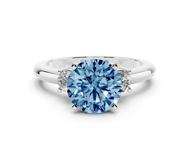 Round Three Stone Engagement Ring Setting for a Fancy Blue Lab-Grown Diamond | Round Side Stones | Sterling Silver