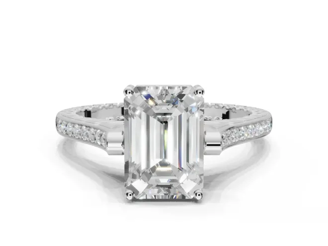 Emerald Cut Vintage Cathedral Engagement Ring Setting | Carved Band | White Gold