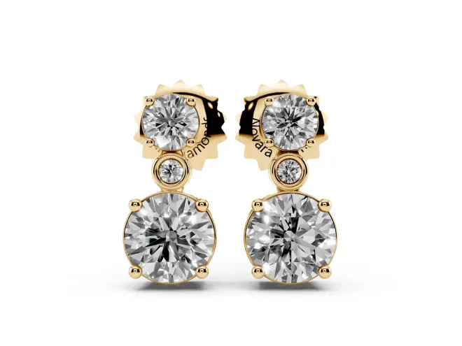 Round Lab-Grown Diamond Two Stone Drop Earrings | Bezel Accent Link | Yellow Gold