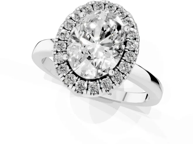 Oval Cut Diamond Halo Solitaire Ring Set in Silver with Pavé Band and Prong Setting – second view