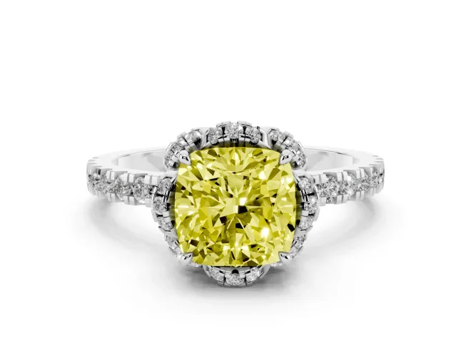 Fancy Yellow Cushion Cut Diamond Halo Pavé Band Ring Set in Platinum with Prong-Held Center