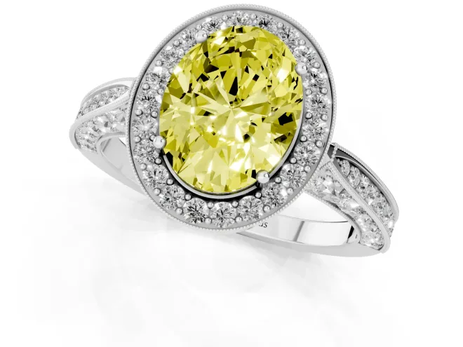 Fancy Yellow Oval Cut Diamond Halo Engagement Ring Set in Silver with Accent Split Shank Band – second view