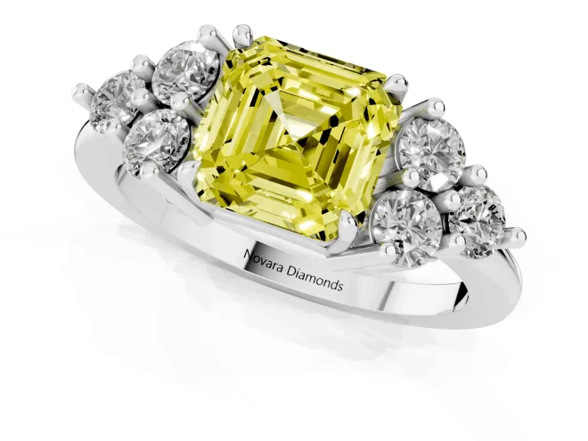 Fancy Yellow Asscher Cut Diamond Solitaire Ring Set in White gold with Cluster Accents on Each Side – second view
