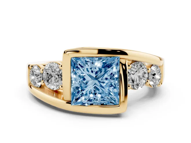 Fancy Blue Princess Cut Diamond Bezel Bypass Ring Set in Yellow gold with Round Accents