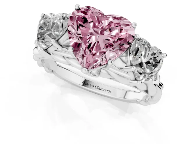 Fancy Pink Heart Cut Diamond Three-Stone Ring Set in Silver with Braided Band – second view