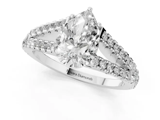 Pear Cut Diamond Split Shank Pavé Engagement Ring Set in Platinum with Prong-Held Center Stone – second view