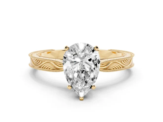 Pear-Shaped Engraved Solitaire Engagement Ring Setting | Milgrain Edges | Yellow Gold